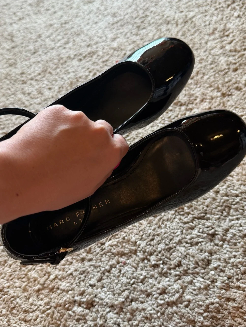 Black Patent Round Toe Ankle Strap Block Heels Marc Fisher
